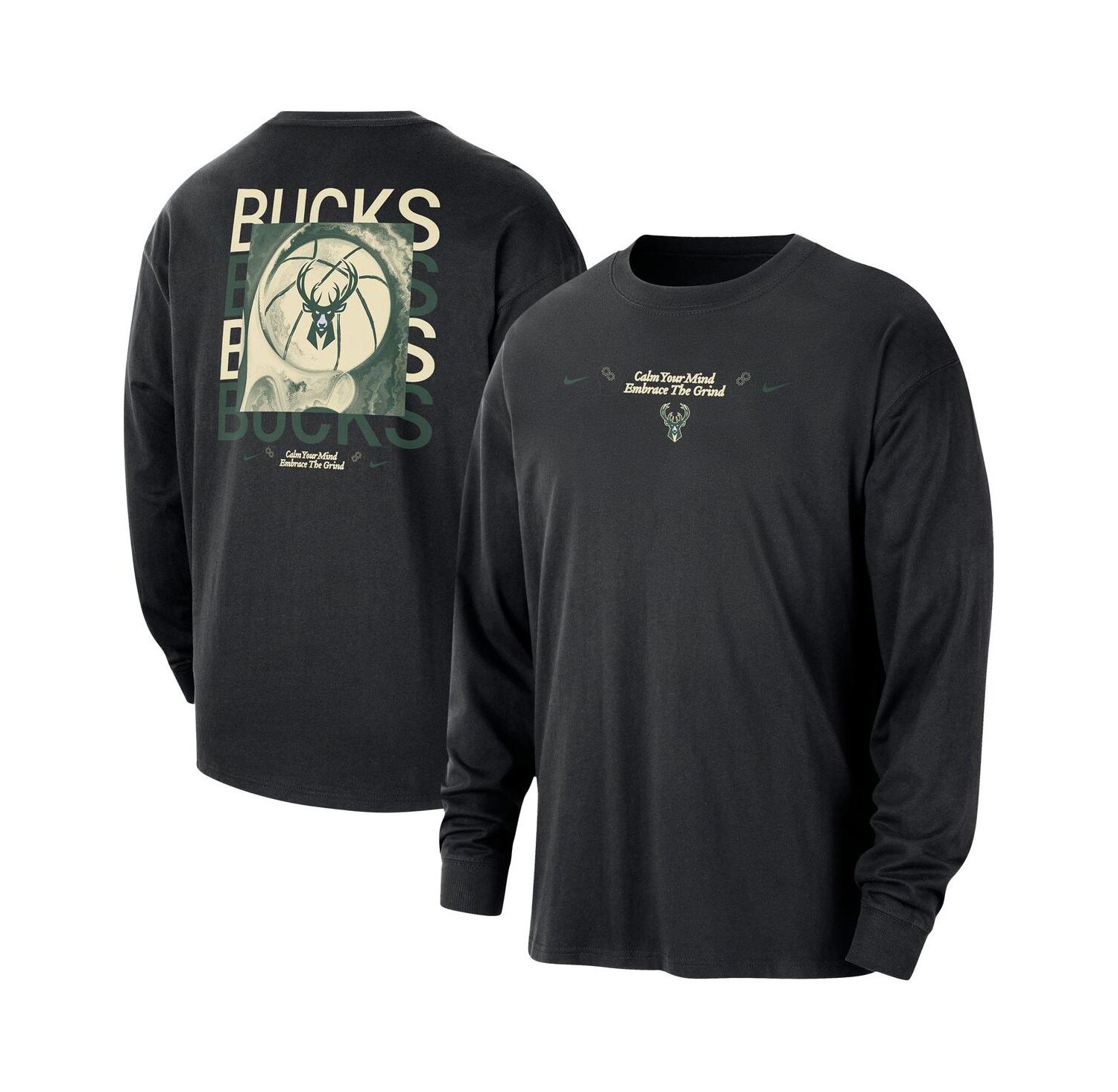 Men's Black Milwaukee Bucks Courtside Oversized Long Sleeve T-Shirt