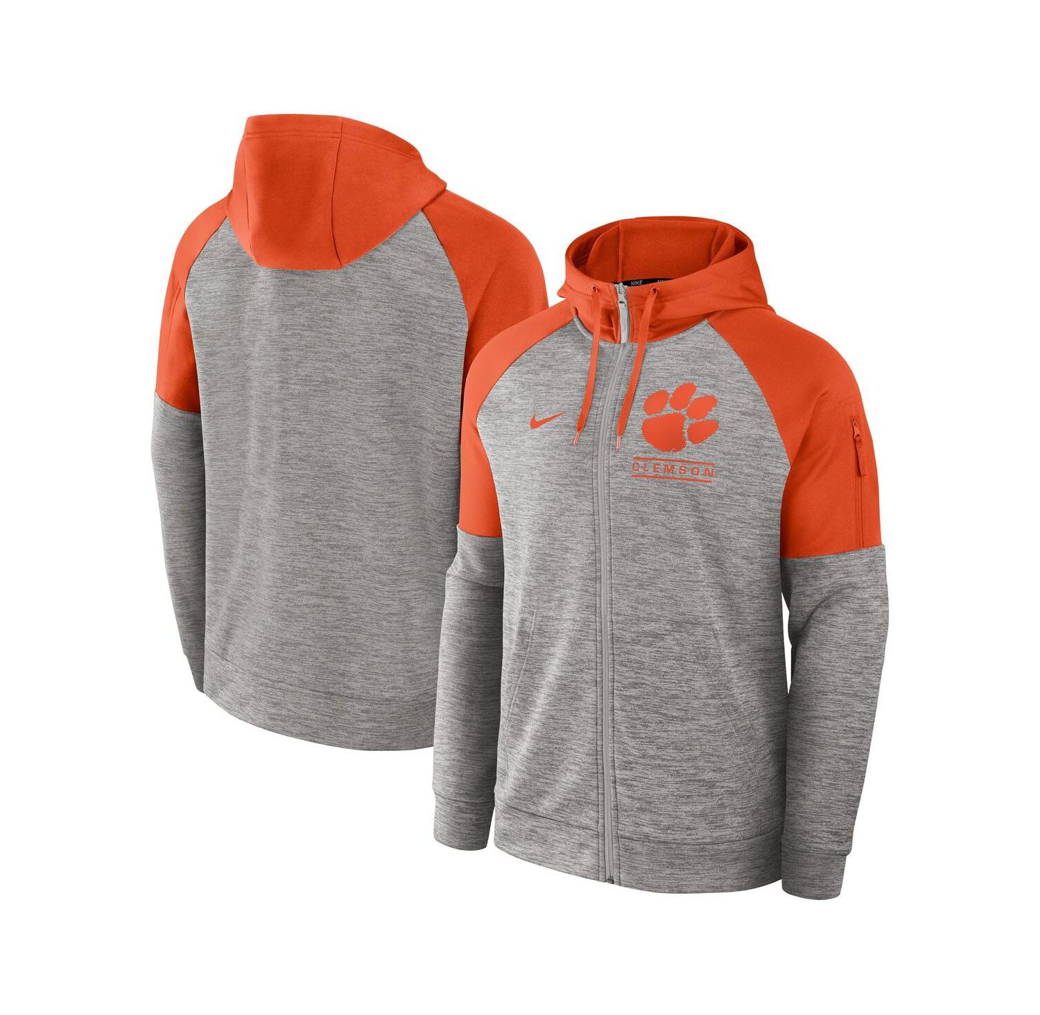 Men's Heather Gray Clemson Tigers Fitness Raglan Performance Full-Zip Hoodie