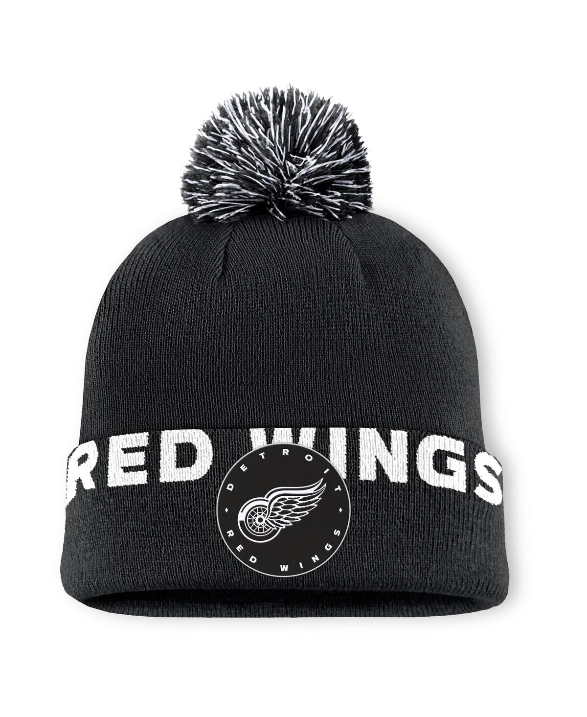 Fanatics Men's Black Detroit Red Wings Fundamental High Stick Cuffed Knit Hat With Pom In Black