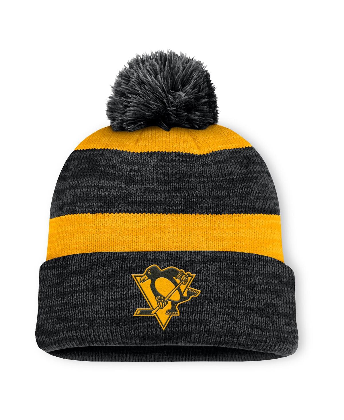 Fanatics Men's Black Pittsburgh Penguins Fundamental Red Line Cuffed Knit Hat With Pom In Black