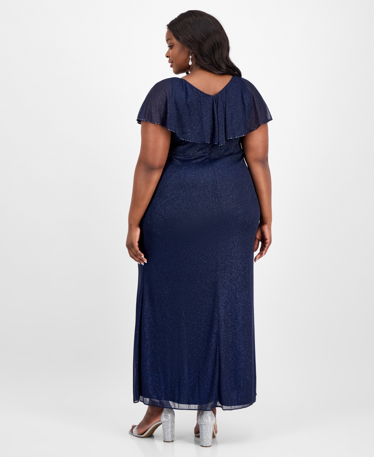 Sl Fashions Plus Size V-neck Caplet Ruffled Glitter Dress In Navy