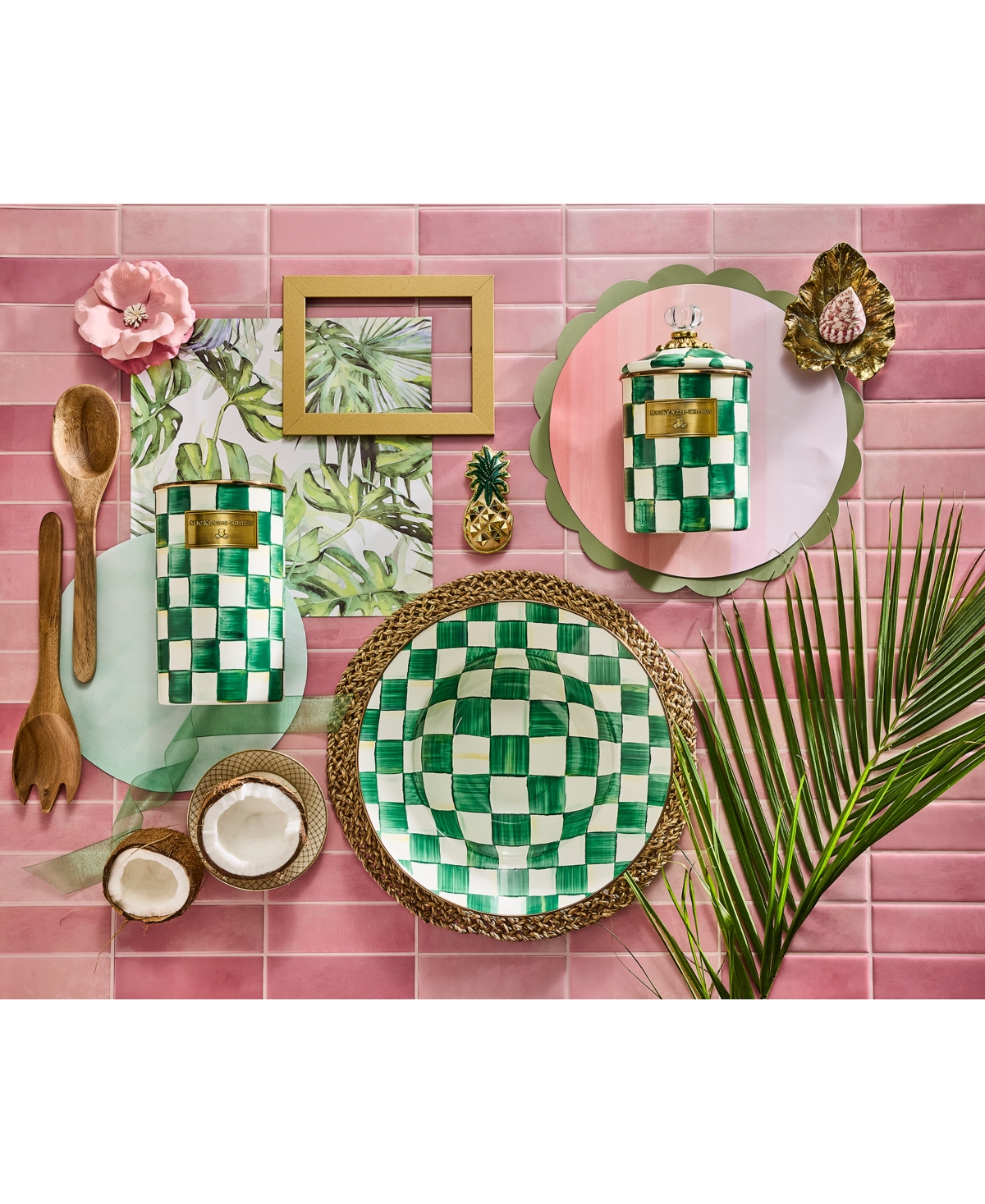 MACKENZIE-CHILDS EMERALD CHECK UTENSIL HOLDER 