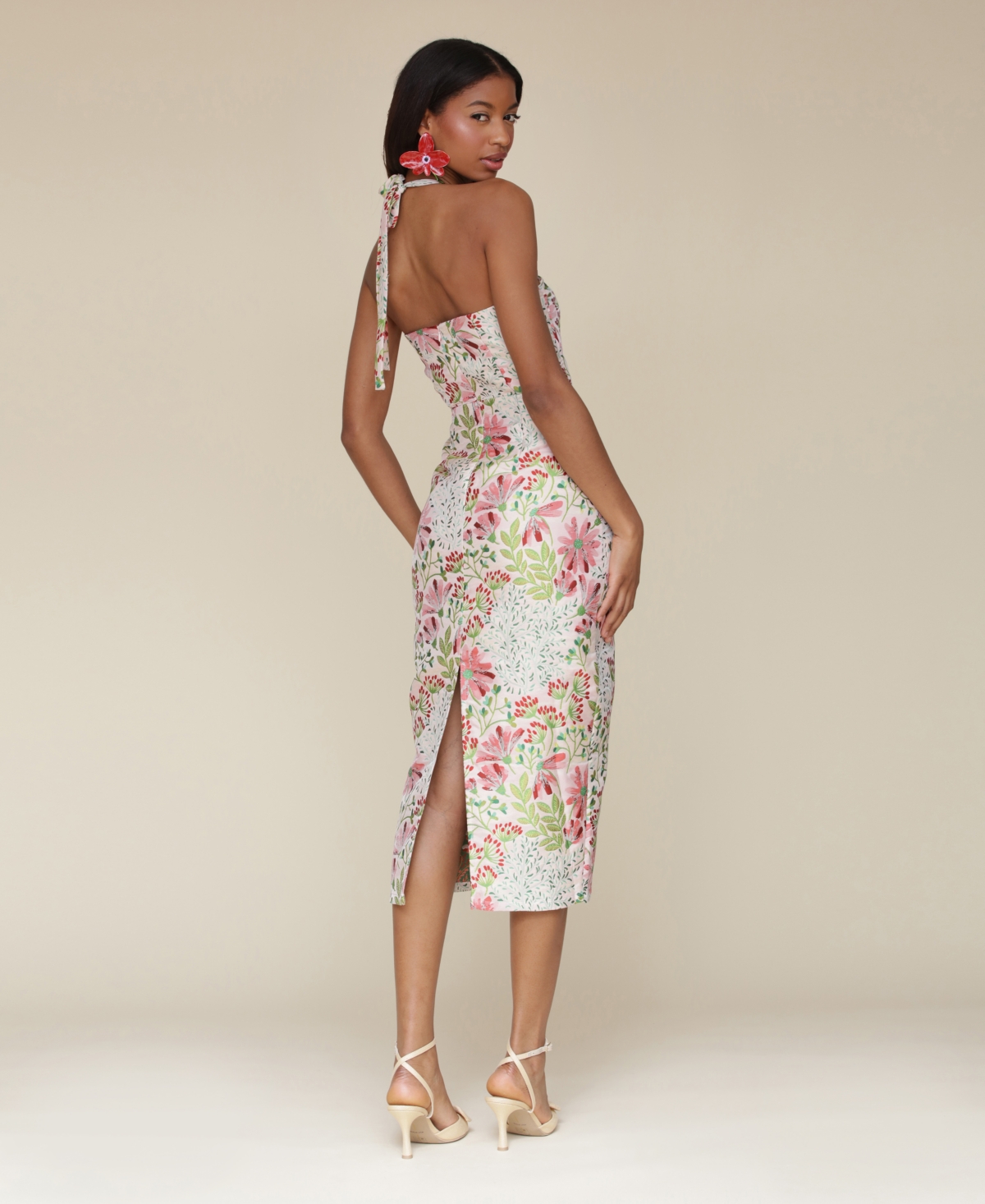 Avec Les Filles Floral Brocade Halter Neck Midi Dress In Wild Daisy