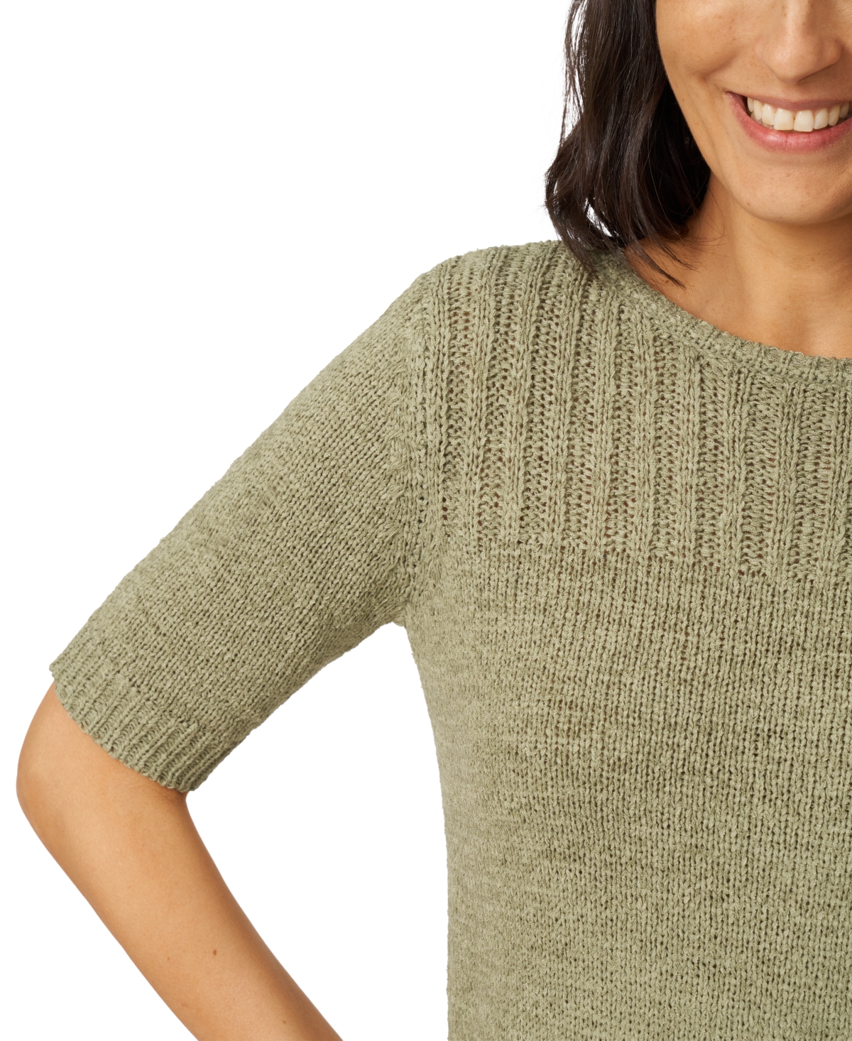 Melissa Paige Petite Elbow-sleeve Ribbed-yoke Sweater In Tea