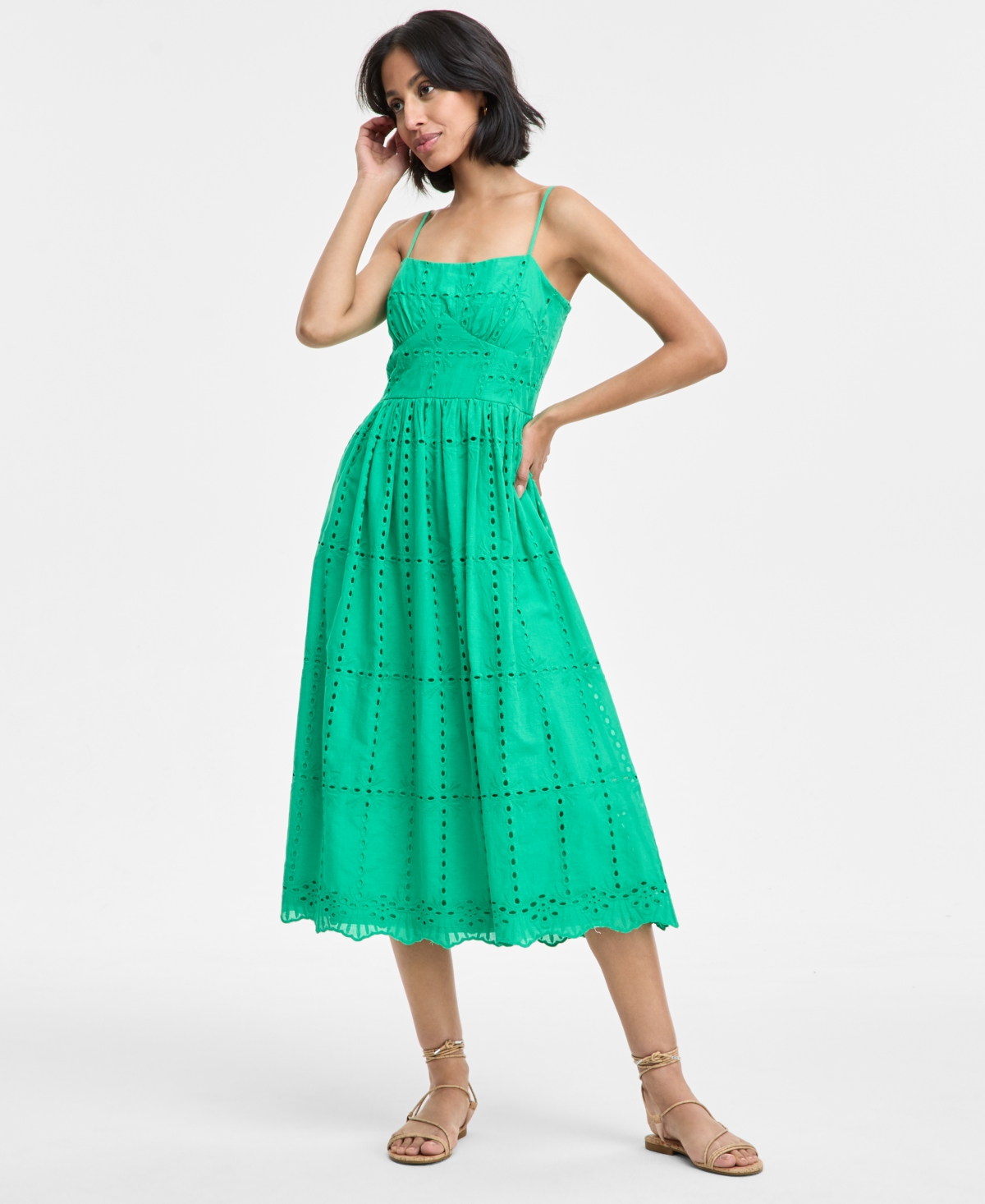 Juniors' Eyelet Square-Neck Strappy Midi Dress, Created for Macy's - Green