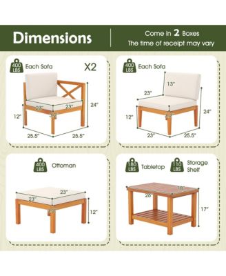 5 PCS Acacia Wood Patio Furniture Set w/ 2-Tier Coffee Table and Cushions