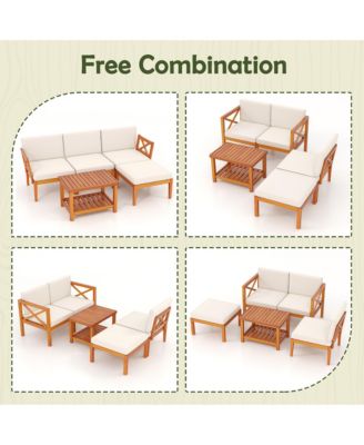 5 PCS Acacia Wood Patio Furniture Set w/ 2-Tier Coffee Table and Cushions