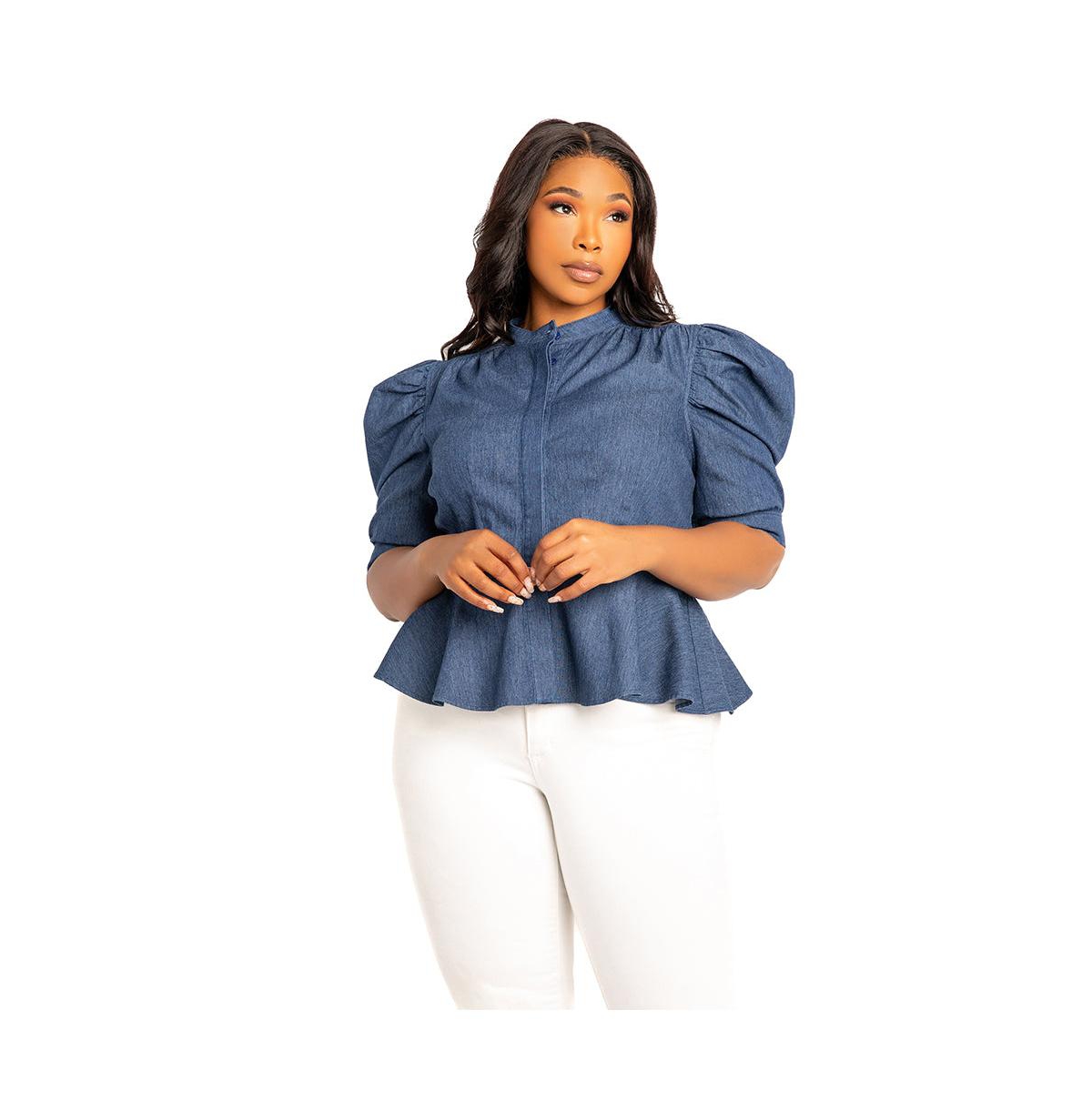 Women's Plus Size Ruched Sleeve Denim Peplum Blouse - Denim blue