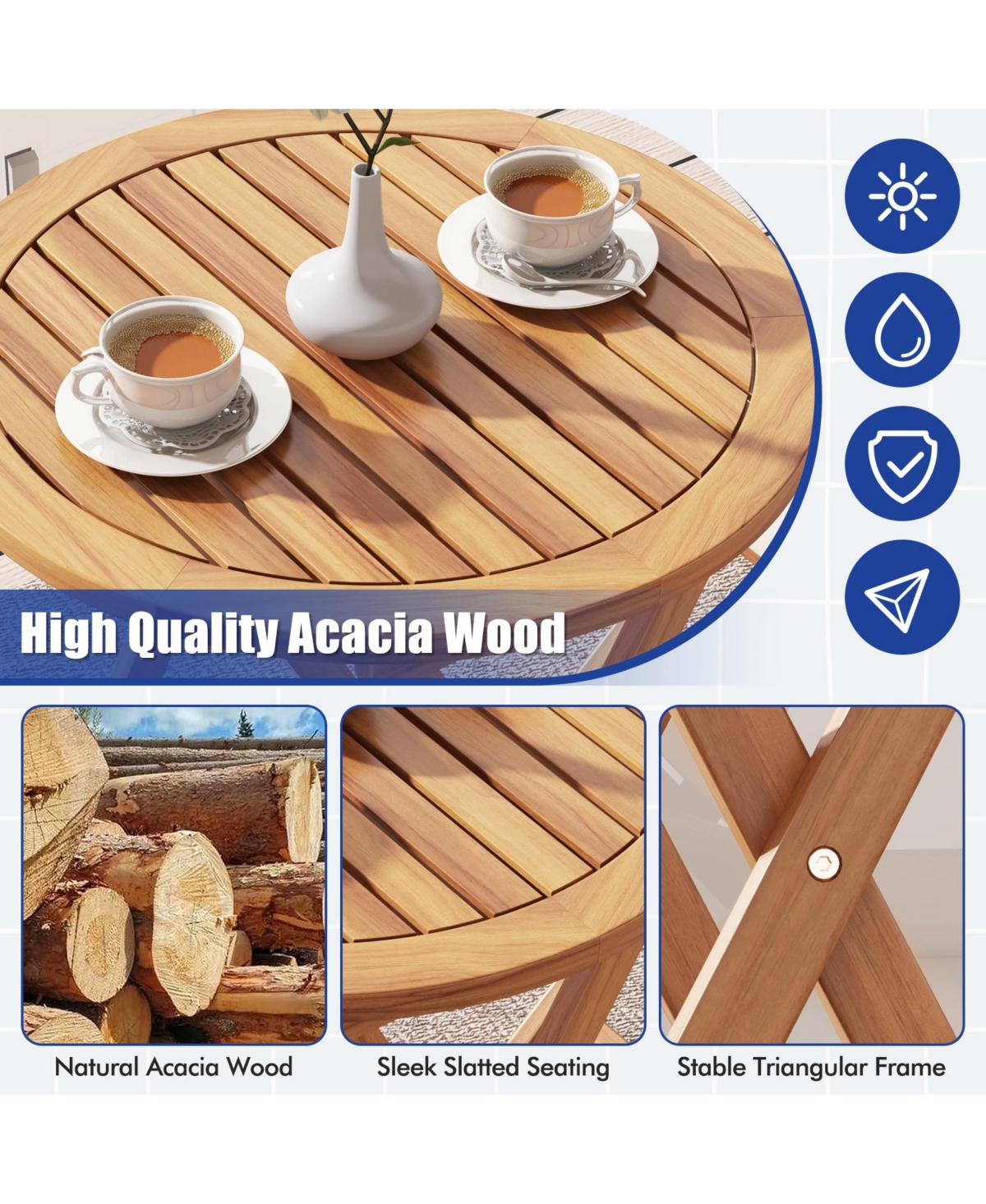 3 Pieces Acacia Wood Patio Bistro Set with Cushions