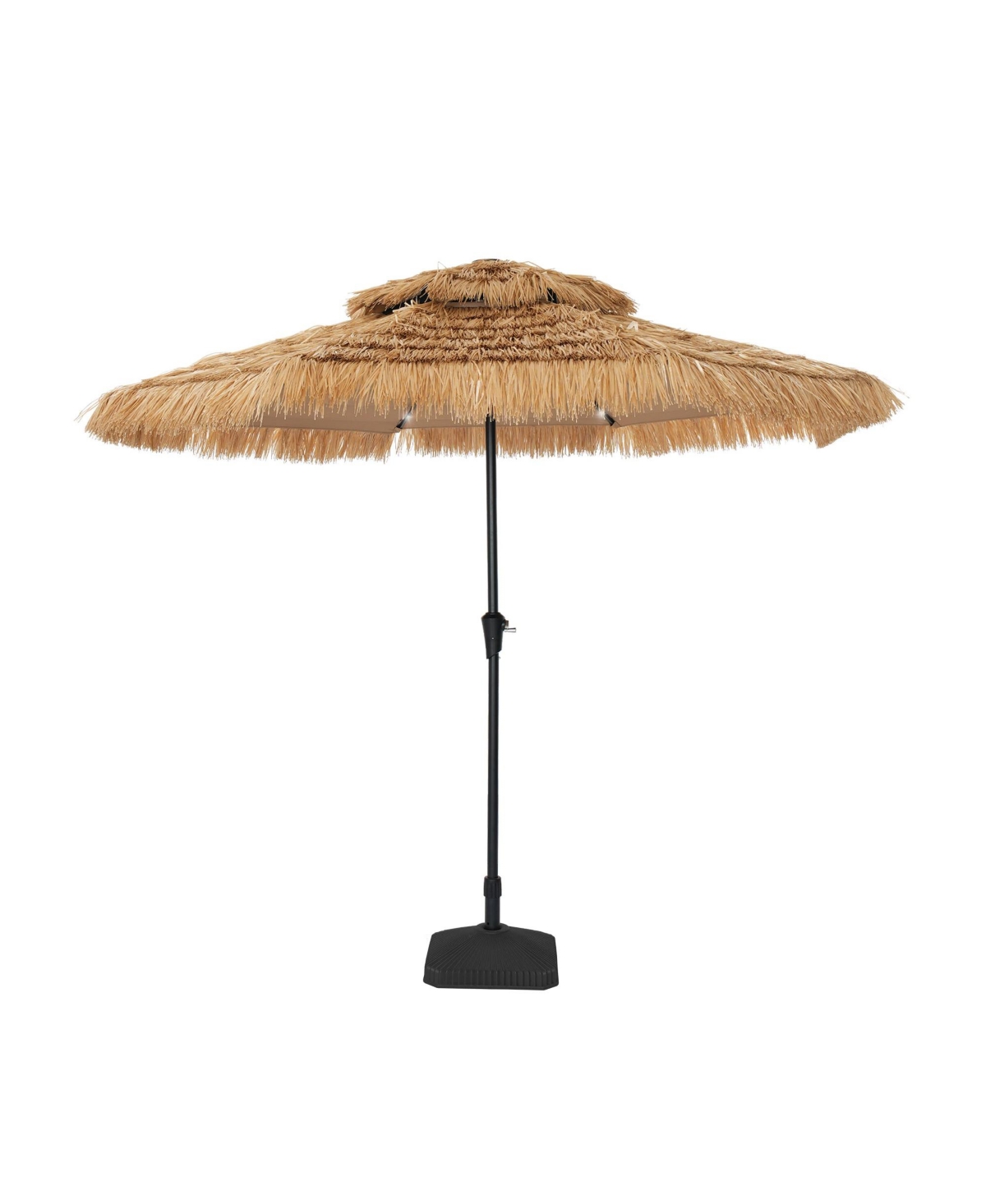 9 ft. Outdoor Double Layer Hawaiian Style Market Umbrella in Brown with Base and 32-Light Beads - Brown