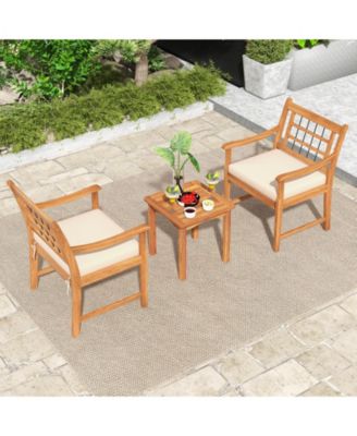 3 Piece Wood Patio Furniture Set with Seat Cushions and Acacia Wood Frame