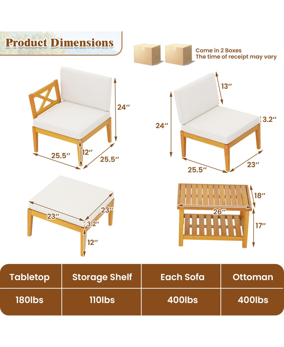 5 Pieces Acacia Wood Patio Furniture Set with 2-Tier Coffee Table and Cushions-White
