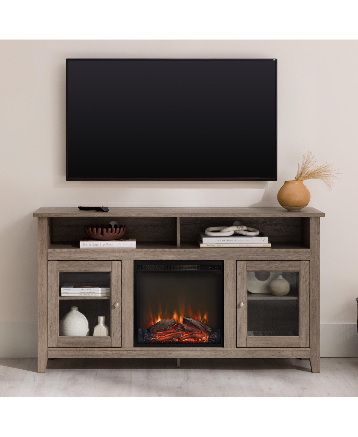 Tv Stand with Electric Fireplace Classic Glass-Door Fireplace Tall Tv Stand for TVs up to 65 Inches, Barnwood
