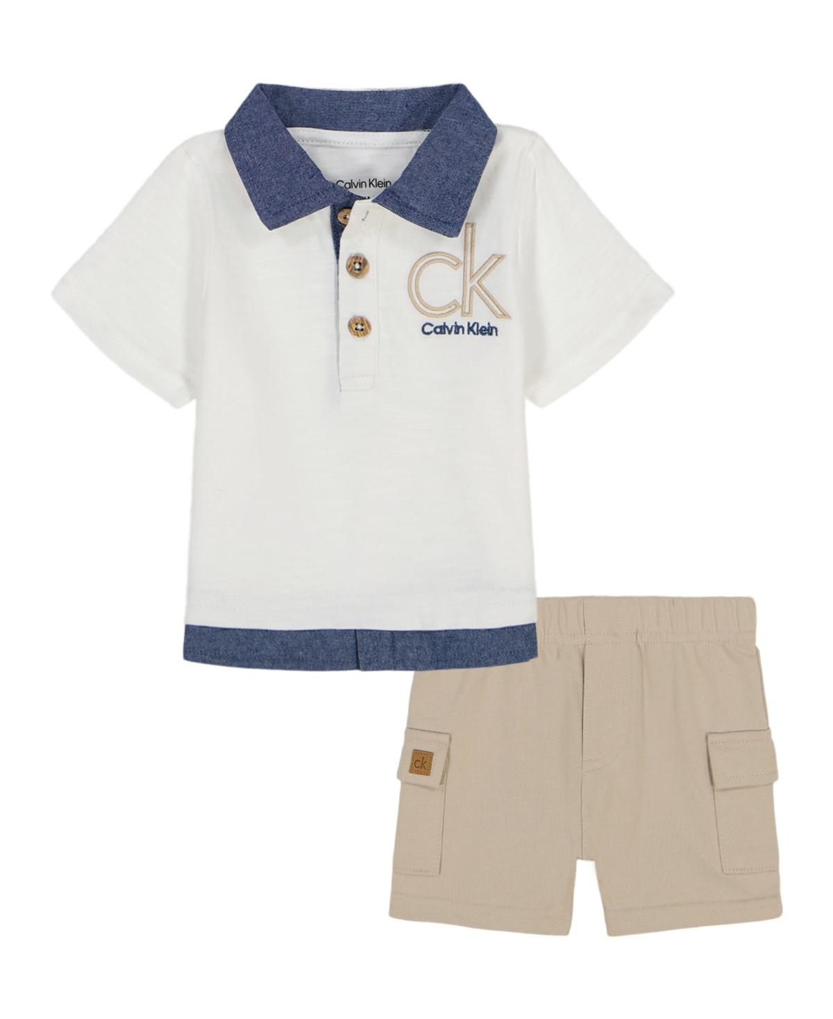Shop Calvin Klein Baby Boys 2-piece Chambray Trim Jersey Polo French Terry And Cargo Shorts Set In Marshmallow,dark Blue,white Pepper