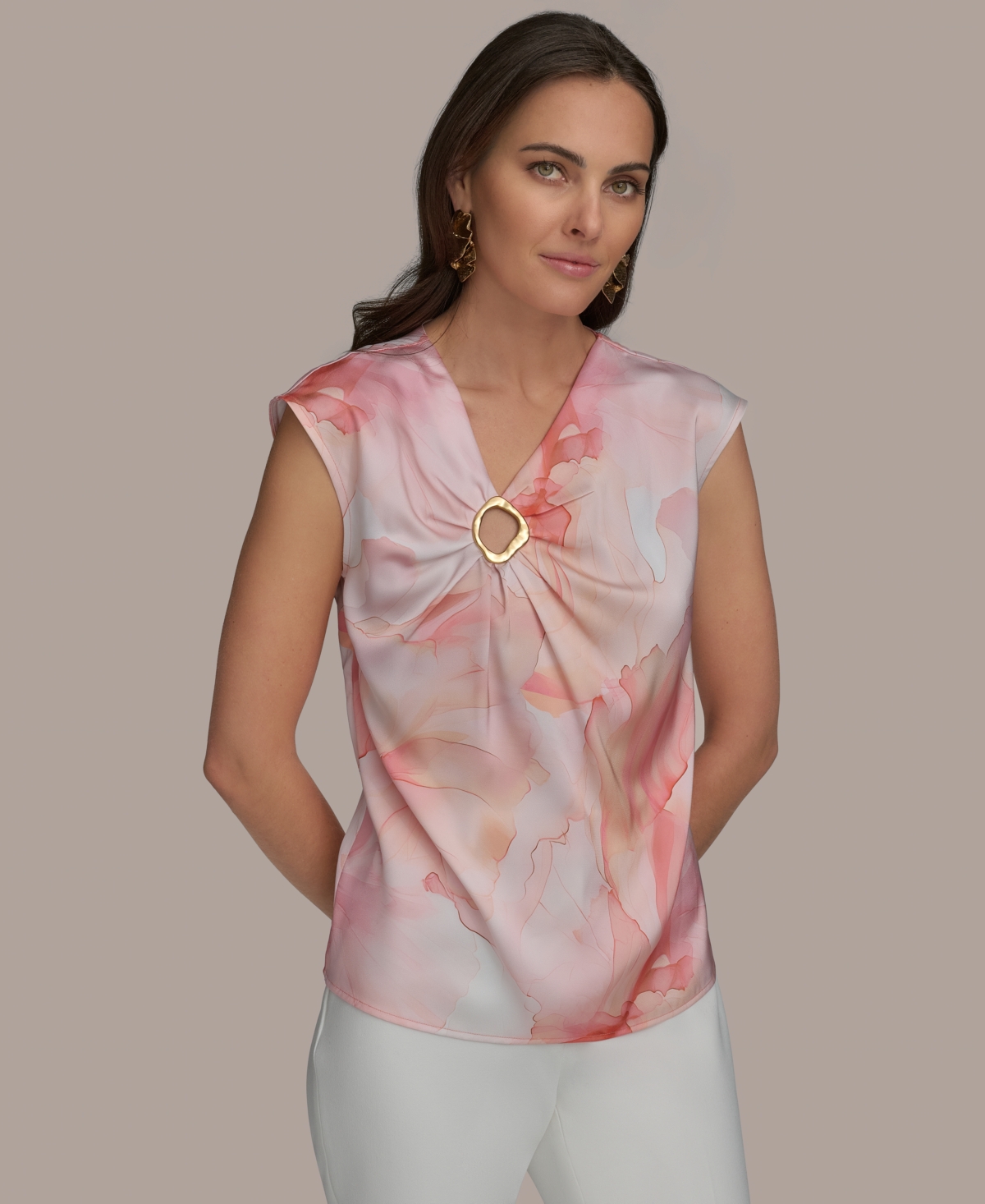 Shop Donna Karan Women's Printed V-neck Blouse In Apricot Multi