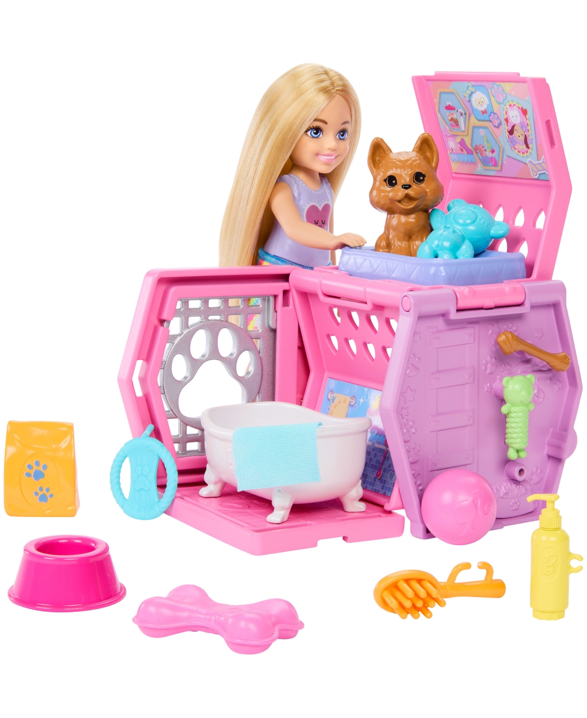 BARBIE CHELSEA PUPPY CARRIER PLAYSET, SMALL DOLL AND DOG CARRIER WITH PUPPY ACCESSORIES 