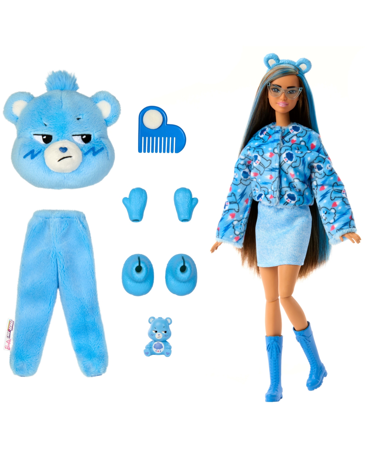 BARBIE CUTIE REVEAL CARE BEARS SERIES DOLL & ACCESSORIES IN GRUMPY BEAR PLUSH COSTUME, 10 SURPRISES 