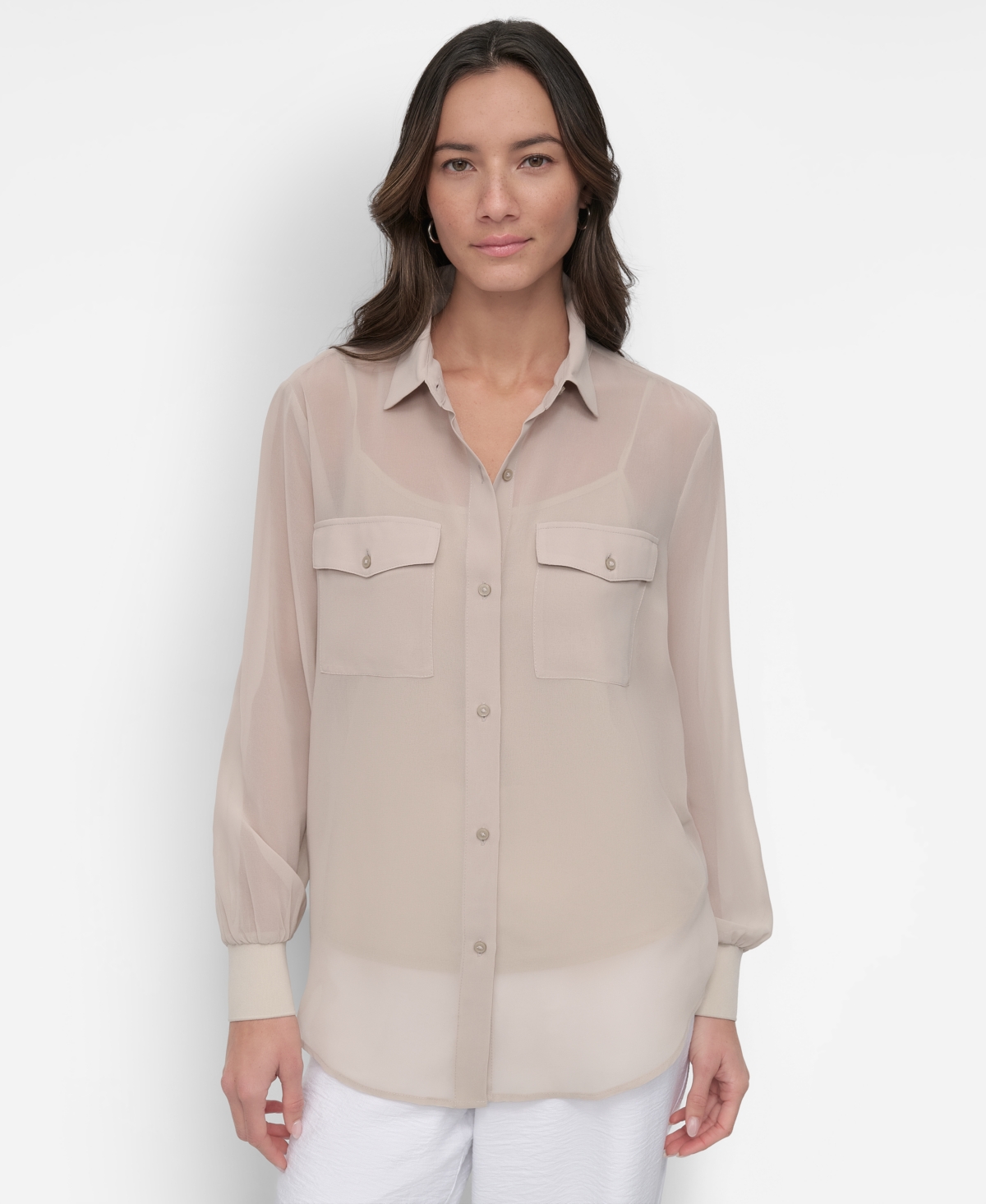 Dkny Chiffon Button-up Shirt In Pebble