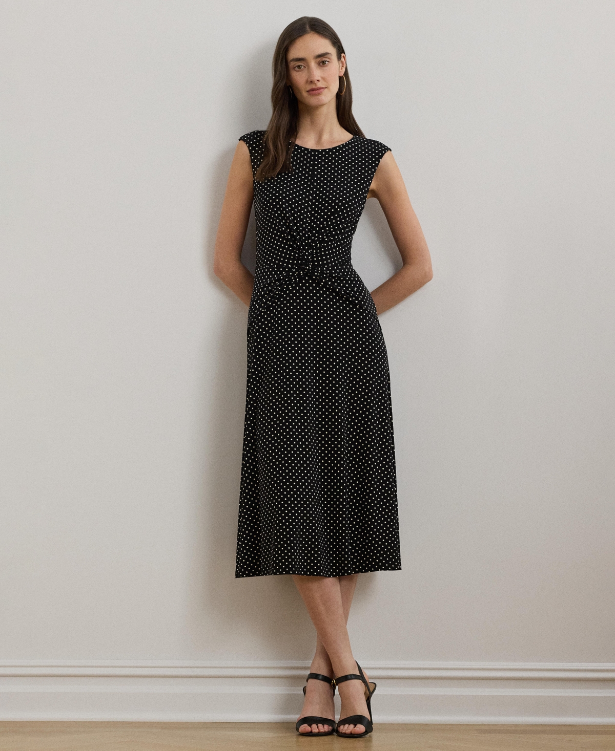 Ralph Lauren Polka-dot Twist-front Jersey Dress In Black,cream