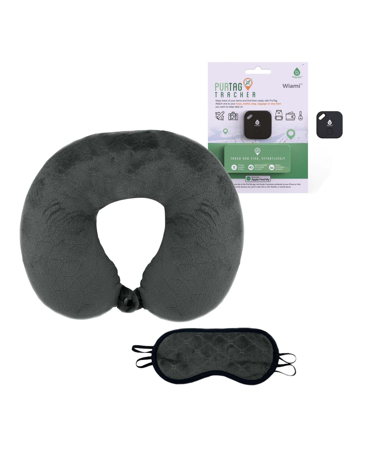 Подушки PURSONIC Mindful Traveler Bundle: Memory Foam Travel Pillow with Sleep Mask & Purtag Tracker, цвет: Тёмный серый — фото 1