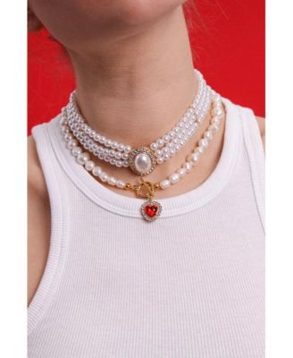 Freshwater Pearl Necklace With Red Heart Charm 15.0&iquest;