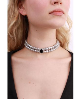 Grey Pearl Choker Necklace With Black Rectangle Charm 13.0"