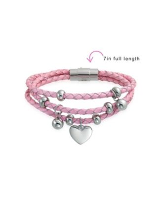 Pink or White Wrap Bracelet with Braided Leather and Heart Charms Stainless Steel