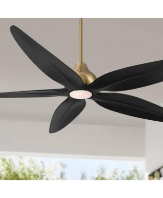 60" Lotus Bay Indoor Outdoor Ceiling Fan 5 Blade LED Light Remote Control Brass Finish Black Blades Bedroom Damp Rated