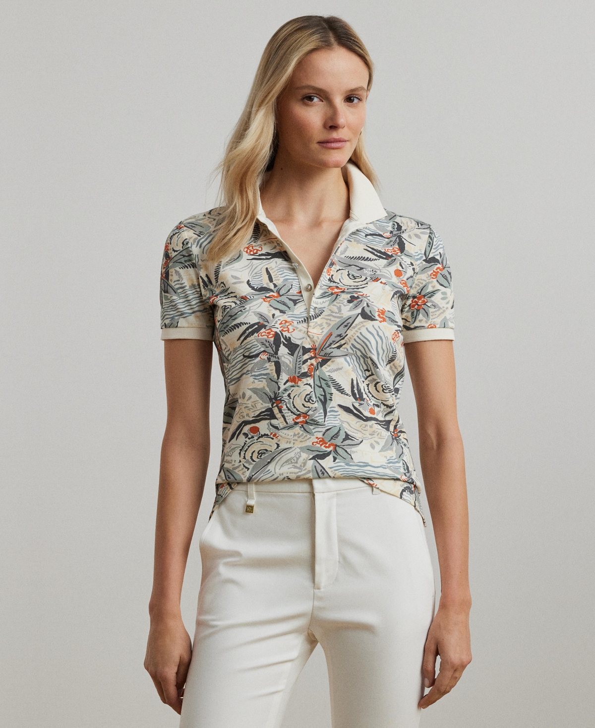 Shop Ralph Lauren Women's Print Stretch Pique Polo Shirt In Cream Multi