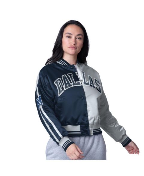 Женские куртки Starter Navy/Silver Dallas Cowboys Zone Blitz Cropped Full-Snap Satin Jacket