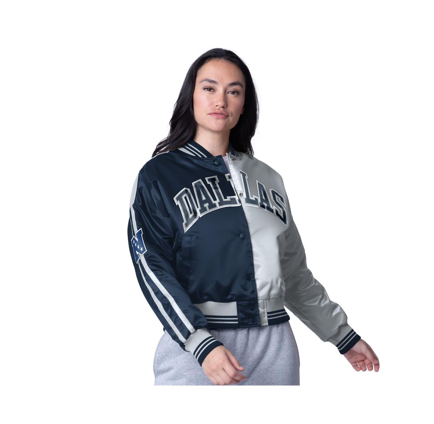 Women's Navy/Silver Dallas Cowboys Zone Blitz Cropped Full-Snap Satin Jacket