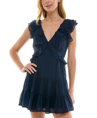 Trixxi - Juniors' Clip-Dot Ruffled V-Neck Tiered Dress