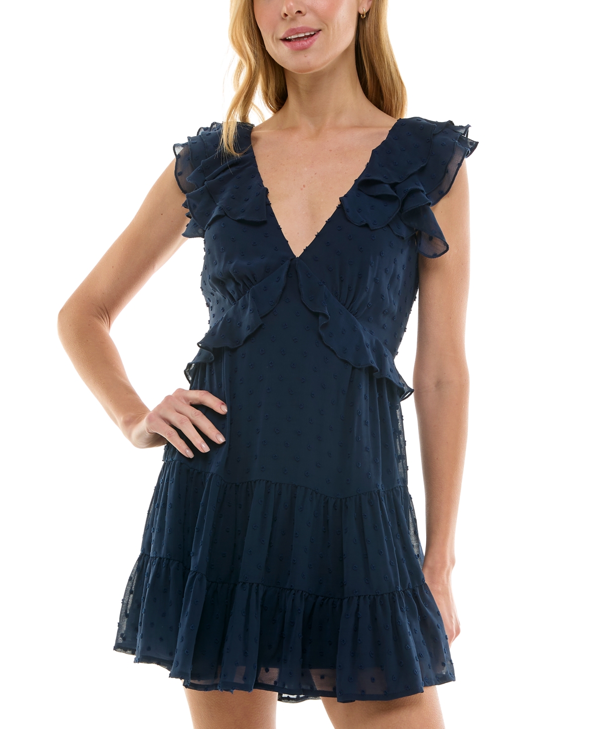 Trixxi Juniors' Clip-dot Ruffled V-neck Tiered Dress In Navy