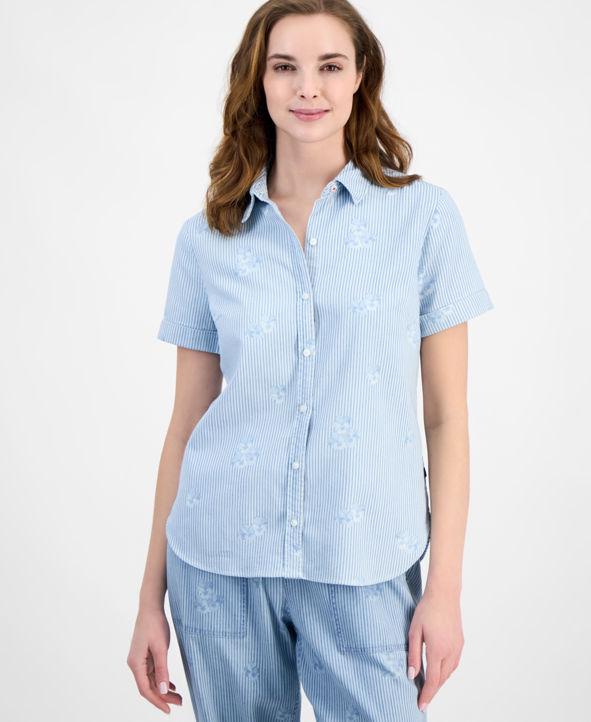 Nautica Jeans Women's Striped Floral Camp Shirt In Lt Azure