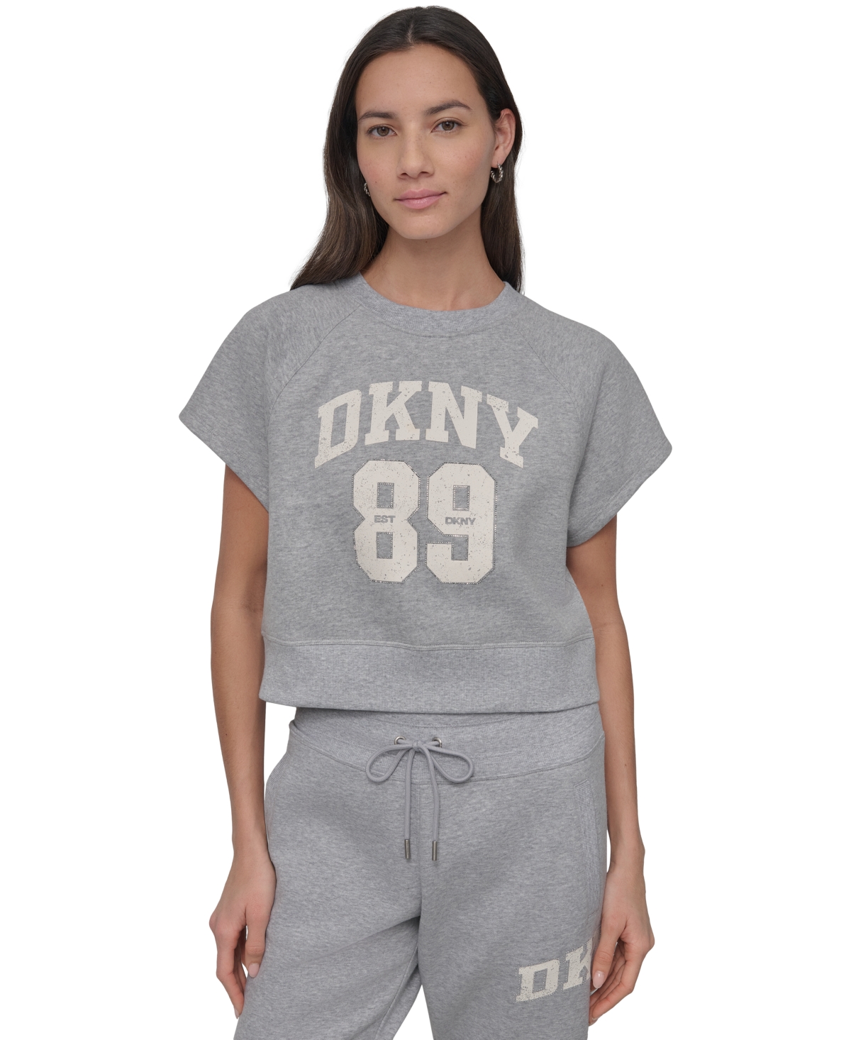 Shop Dkny Sport Women's Rhinestone Logo Cropped Pullover Top In Pearl Grey Heather,eggnog
