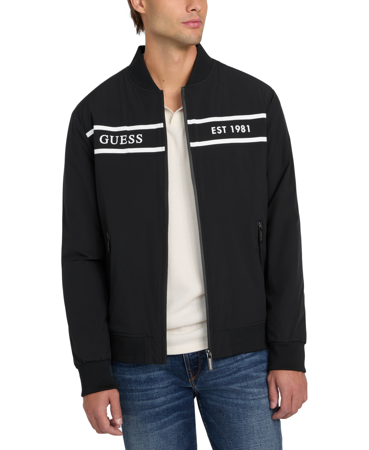 Guess Men's Lightweight Logo Full-zip Bomber Jacket In Black