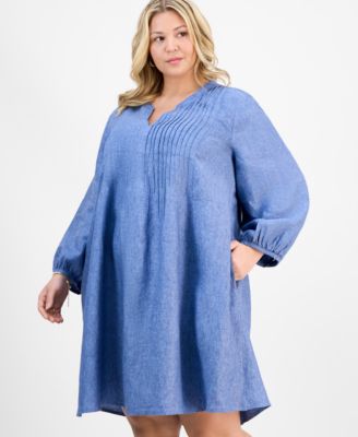 Plus Size Linen Pleated Blouson-Sleeve Shift Dress, Exclusively at Macy's