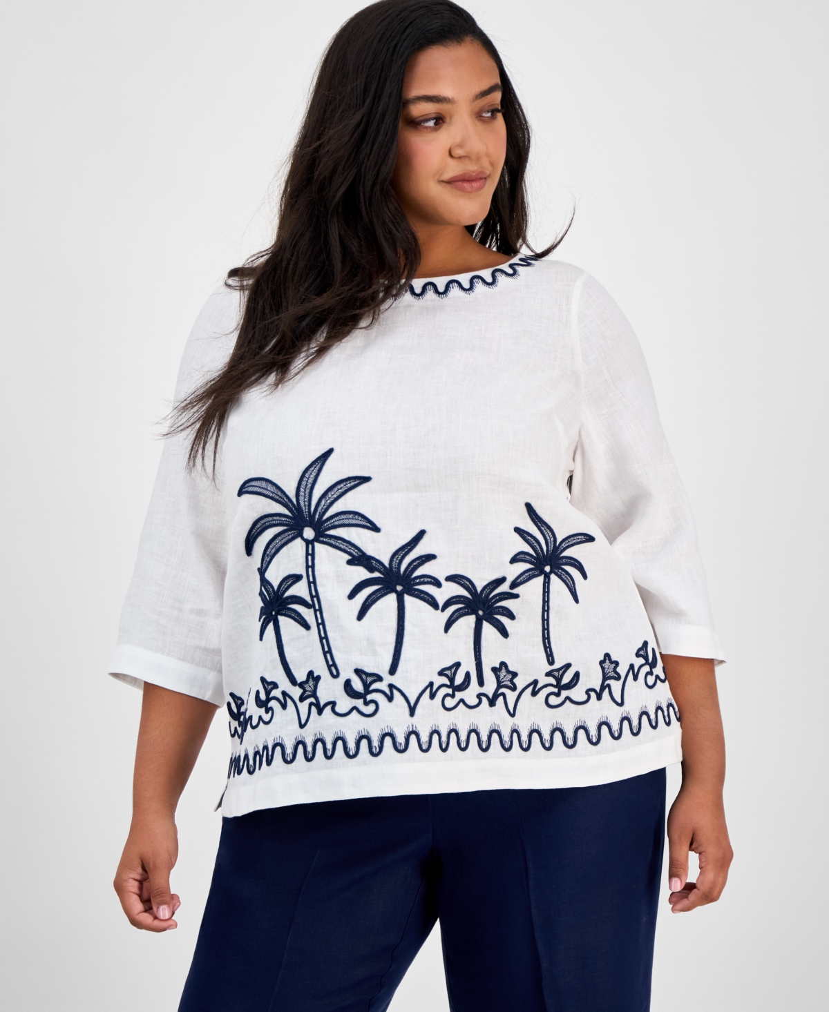 Plus Size Corded Embroidered Linen Top, Exclusively at Macy's - Bright White