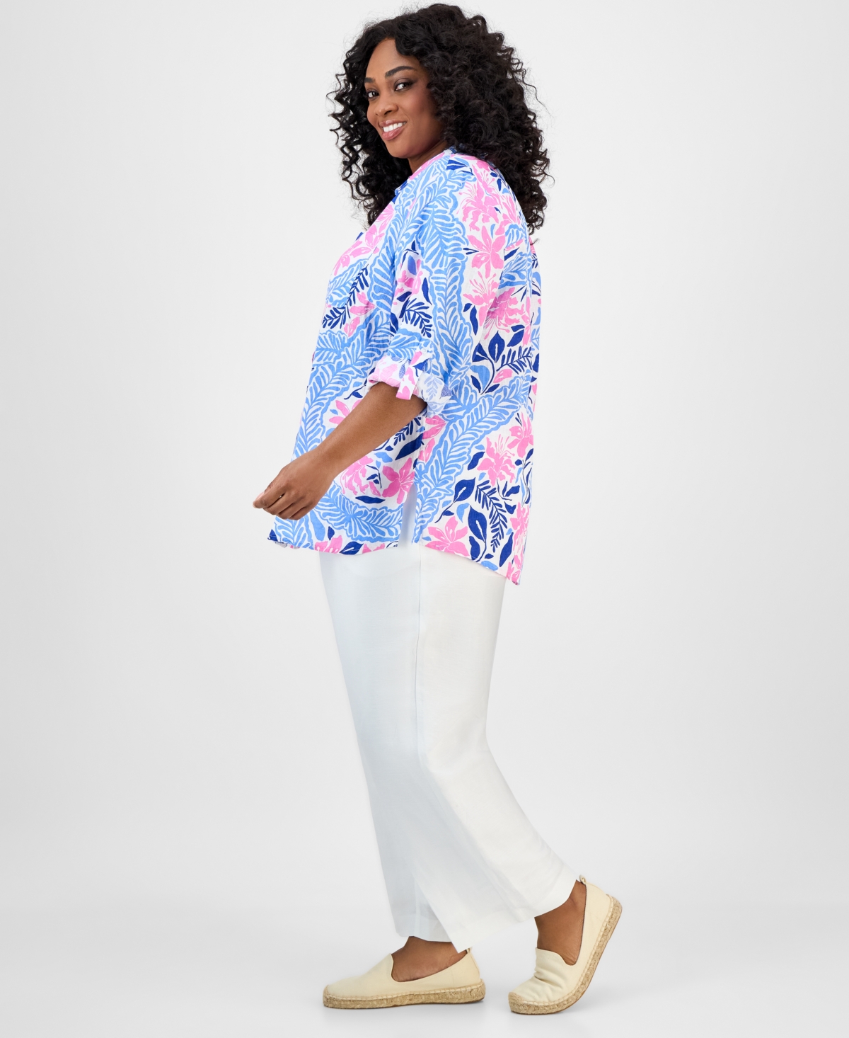 CHARTER CLUB PLUS SIZE PRINTED FLORAL LINEN SHIRT, EXCLUSIVELY AT MACY'S 