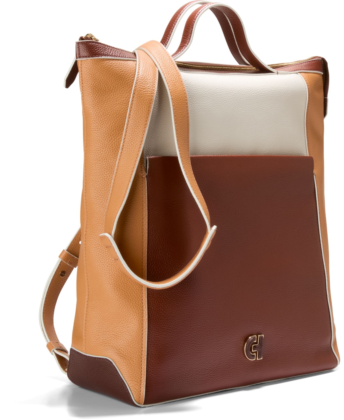 Cole Haan Grand Ambition Large Convertible Backpack Bag In Dark Cuoio Ivory Color Block