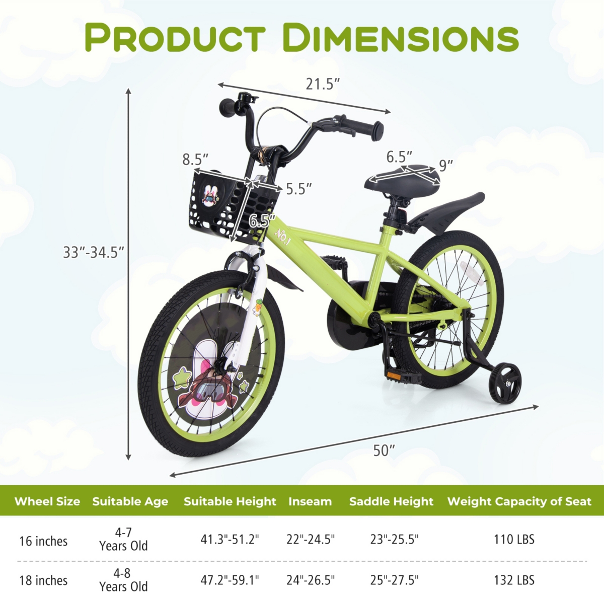 Kids Adjustable Bike with Detachable Training Wheels Safe Fun Bicycle for Ages 4-8 Years Old