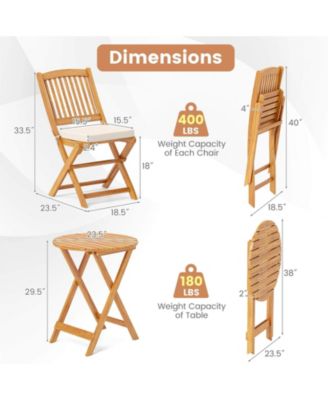 3 PCS Acacia Wood Patio Bistro Set Folding Table & Chairs Set with Cushions