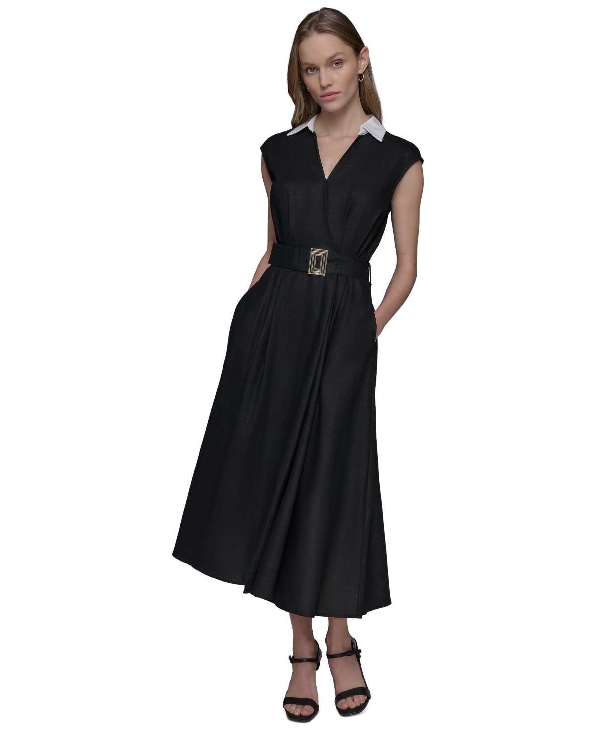 Shop Karl Lagerfeld Women's Belted Short-sleeve Midi Dress In Blk,sft Wt