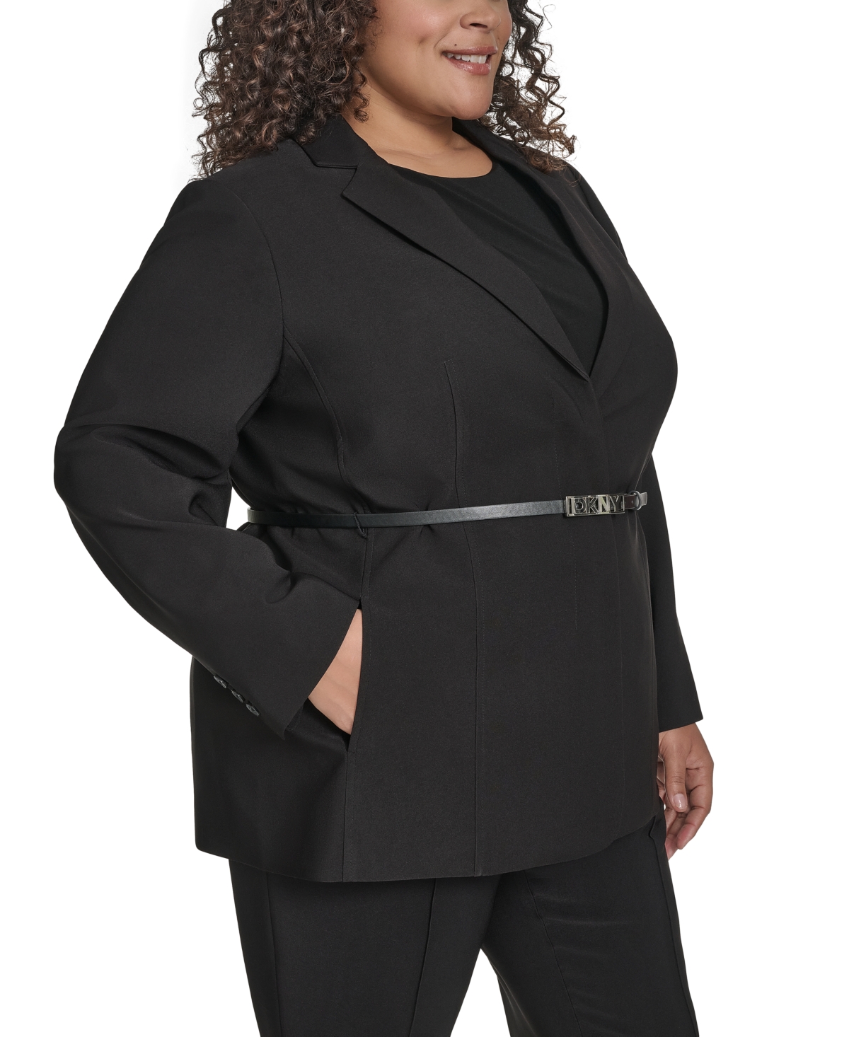 Dkny Plus Size Notch-collar Belted One-button Jacket In Black