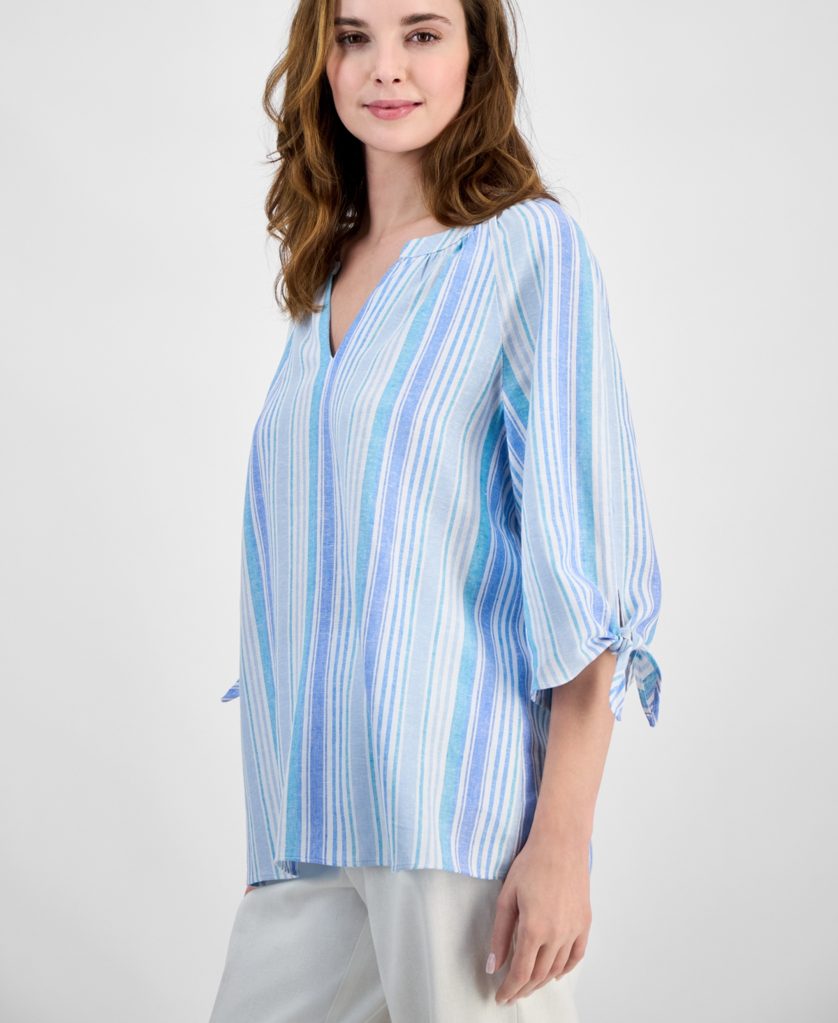 Jones New York Stripe Three Quarter Sleeve Linen Blend V-neck Top In Nyc White,turquoise