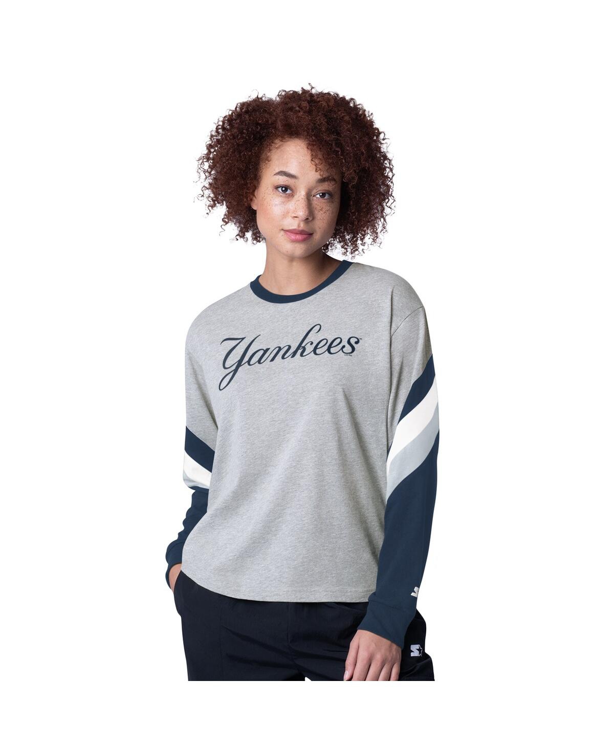 Shop Starter Women's Heather Gray New York Yankees Triple A Fashion Color Block Long Sleeve Top