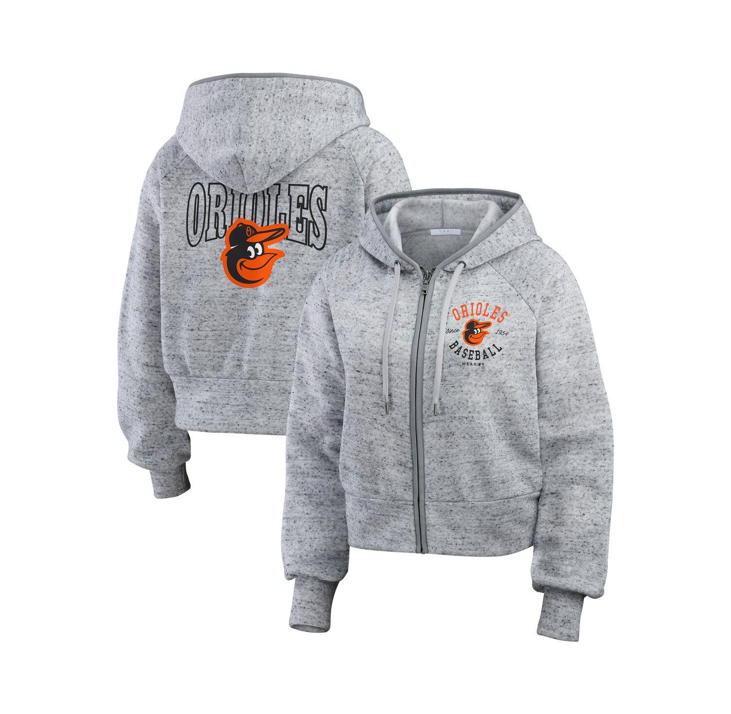 Women's Heather Gray Baltimore Orioles Speckled Fleece Cropped Full-Zip Hoodie