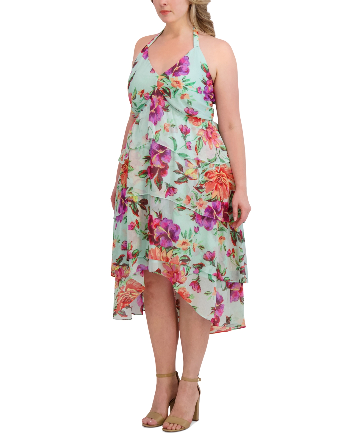 Siena Plus Size Tiered Floral-print Chiffon Dress In Mint Multi