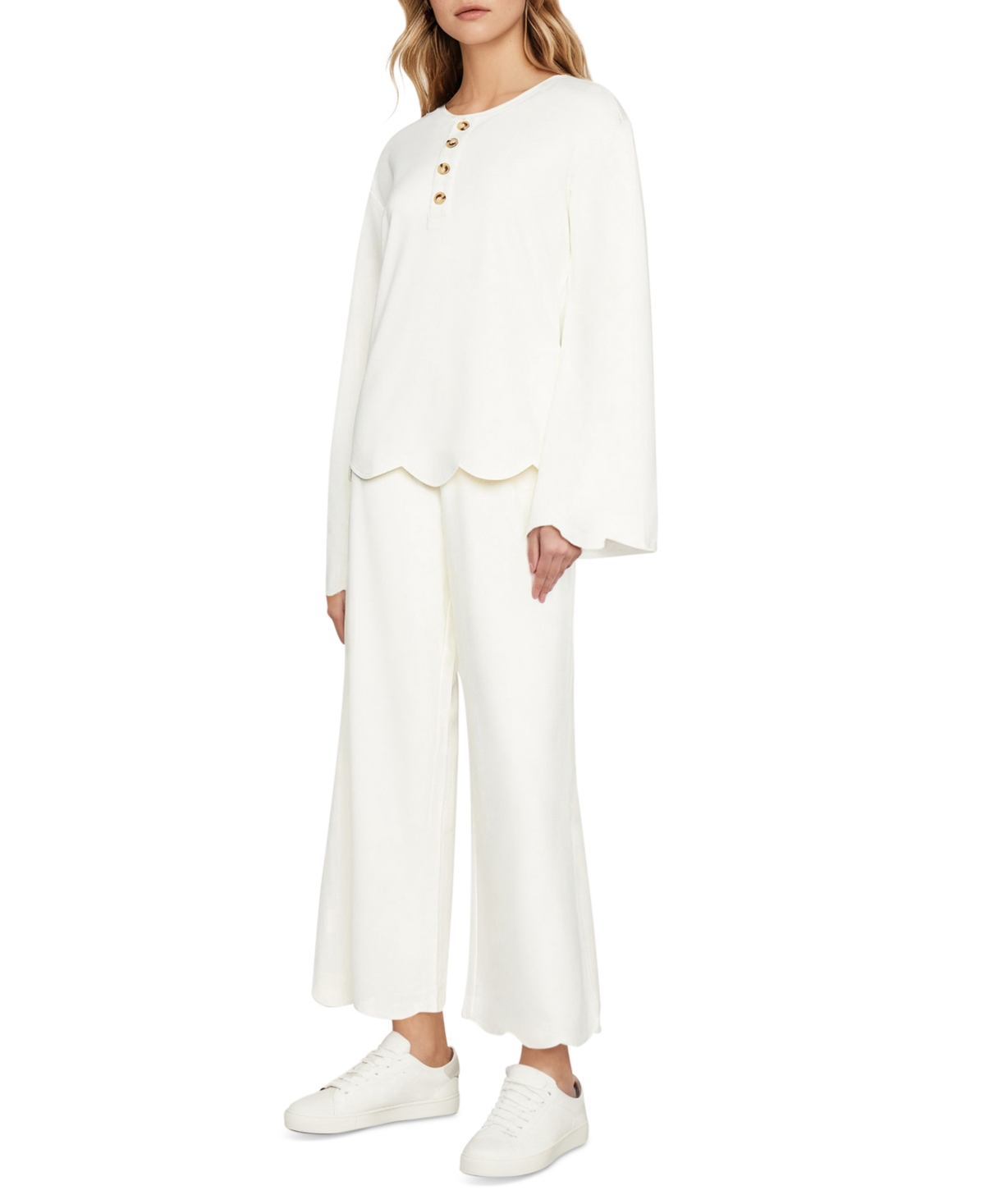 Three Dots Women's Scalloped Bell-sleeve Henley Top In Sugar Swizzle