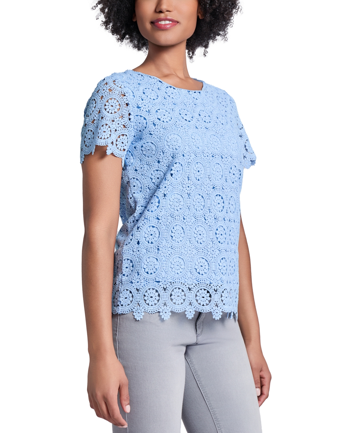 Jones New York Petite Short-sleeve Lace Top In Chintz Blue